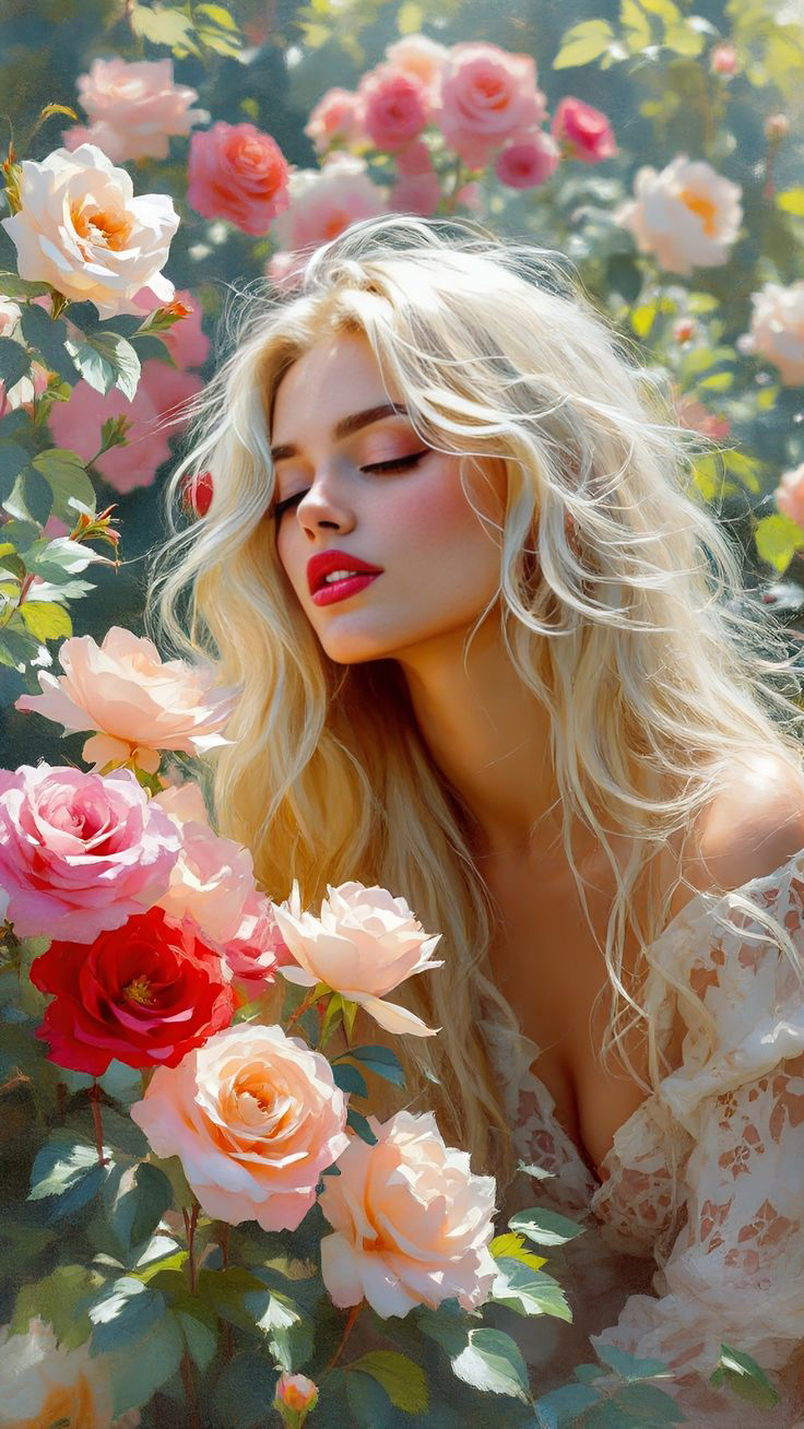 تابلو پرتره موی بولند و گل رنگ و هنر